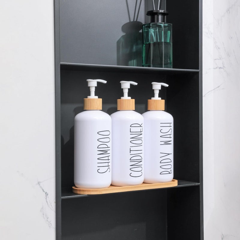 MOMEEMO White Shampoo and Conditioner Dispenser Set, Contains 3 Extra-Thick PET Plastic Bottles, Refillable Shampoo and Conditioner Bottles Perfect for Farmhouse Bathroom Decor. (White) - Image 4